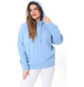 Resim Kadın Büyük Beden Bebe Mavisi İçi Şardonlu 3 İplik Kumaş Kapşonlu Sweatshirt 65n37575-bebe Mavisi Bebek Mavisi 