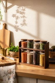 Resim Mira Mix - 8'li Ahşap Standlı Vakumlu Ahşap Kapaklı Cam Baharatlık Takımı Saklama Kabı Seti Ahşap 