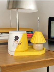 Resim Abajur Not - Fotoğraf Tutuculu Saksı Mumluk Seti Hediyelik Ofis Seti Sarı 