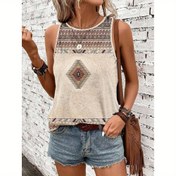 Resim Kadınların Bohemik Tribal Baskılı Kolsuz Atleti - Rahat Yuvarlak Yaka, Renkli Geometrik Desenler ile Bej, Yaz için Hafif ve Nefes Alabilir, Yaz Atletleri 