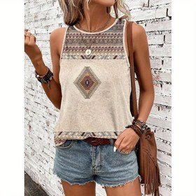 Resim Kadınların Bohemik Tribal Baskılı Kolsuz Atleti - Rahat Yuvarlak Yaka, Renkli Geometrik Desenler ile Bej, Yaz için Hafif ve Nefes Alabilir, Yaz Atletleri 