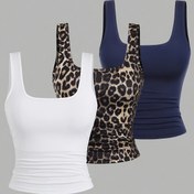 Resim 3 Adet Kadın Yazlık Kolsuz Tank Top - Rahat Düz ve Leopar Desen, Polyester Örgü Kumaş, Sütyensiz, Plaj Hazır, Geçmeli Stil, Normal Kalıp 