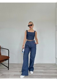 Resim Keymoda Kadın Denim Kare Yaka Bluz Mavi Mavi 
