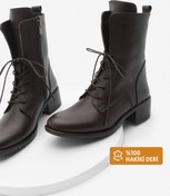 Resim Marjin Kadın Hakiki Deri Postal Bot Bağcıklı Fermuarlı Klasik Günlük Bot Mek Kahve 