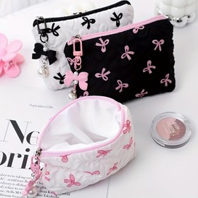 Resim 1 Adet Mini Kadın Seyahat Makyaj Çantası - Fiyonk Detaylı, Dayanıklı Polyester Kozmetik Organizer Kesesı, 13.87x9.91 cm Çok Amaçlı Günlük Kullanım ve Geziler İçin Şık Hediye 