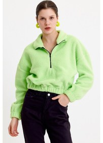 Resim JAHR MARC Neon Yeşil Crop Fit Fermuarlı Peluş Sweatshirt 