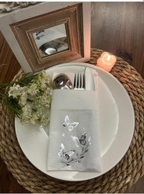 Resim Gümüş Yaldızlı Beyaz Kelebek Yaprak Detaylı Cepli Kanguru Peçete 12 Adet 