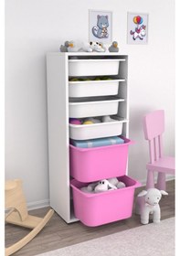 Resim Sepetli Oyuncak Dolabı Pembe Beyaz 2 Büyük 4 Küçük Beyaz - Pembe 