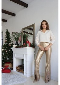 Resim Paçası Yırtmaçlı Deri Pantolon - Gold Renk-400 Sarı 