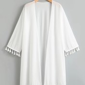 Resim Tassel Trim Düz Beyaz Kapak, Şeffaf Açık Ön Şık Plaj Kimono, Karnaval ve Müzik Festivali için Kadın Mayo ve Giyim Tatili için 