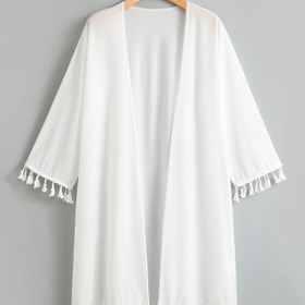 Resim Tassel Trim Düz Beyaz Kapak, Şeffaf Açık Ön Şık Plaj Kimono, Karnaval ve Müzik Festivali için Kadın Mayo ve Giyim Tatili için 