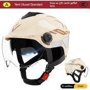 Resim 3c Sertifikalı Motosiklet Kaskı Çift Lens Erkekler Ve Kadınlar Yaz Güneş Koruyucu Kask Parlak Krem 