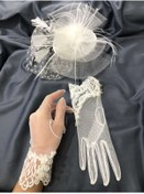 Resim Hayalperest boncuk Beyaz Dantelli Eldiven- Puantiyeli Vualet Nikah Şapkası 