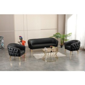 Resim Garden House Asel Siyah Deri Gold Ayaklı 5 Kişilik Ofis Koltuk Takımı 