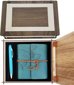 Resim Özel Ahşap Kutulu Mavi Deri Defter Ve Kalem Set 