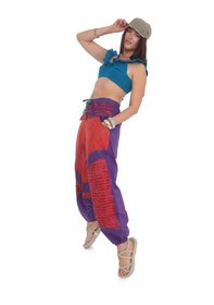 Resim Bohem Stil Hint Otantik Yıkamalı Taşlanmış Patchwork Unisex Şalvar Pantolon-9188 Mor 