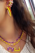 Resim MorMajor Silver Tekli Bıg V Sarı Neon Ithal Gümüş Küpe 