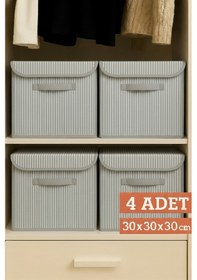 Resim 4 Lü Gri Çizgili Kapaklı Dolap İçi Düzenleyici Kutu - 30x30x30 Cm Katlanabilir Saklama Kutusu 