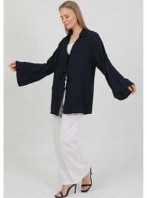 Resim Doğal Viskon Kumaş Cepli Bağcıklı Kadın Kimono 1167 Hafif, Dökümlü, Akışkan, Yazlık Model Lacivert 