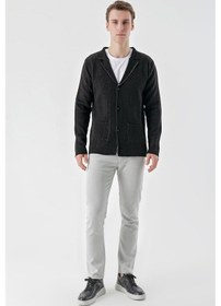 Resim Slimfit Mono Yaka Torba Cepli Kendinden Çizgili Erkek Triko Hırka 001 