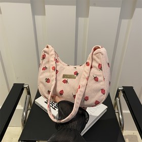 Resim Kadınların Şık Çilek Desenli Omuz Çantası, Hafif Korduroy ile Polyester Astar, Fermuar Kapatma, Sabit Askı, Dışarı Çıkarken Şık, Rahat Aksesuar | Trendy Kadın Çantası | Korduroy Malzeme, Küçük Omuz Çantası 