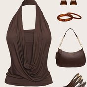 Resim Kadınlar İçin Şık Halter Yaka Tank Top - Yüksek Esneklikli Düz Renk Yazlık Üst, Makinede Yıkanabilir Şık Günlük ve Resmi Giyim için Çok Amaçlı, Akıcı Kumaş, Yüksek Esneklik 