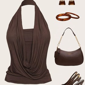 Resim Kadınlar İçin Şık Halter Yaka Tank Top - Yüksek Esneklikli Düz Renk Yazlık Üst, Makinede Yıkanabilir Şık Günlük ve Resmi Giyim için Çok Amaçlı, Akıcı Kumaş, Yüksek Esneklik 