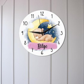 Resim caju art & decoration CajuArt Ayda Uyuyan Sevimli Ayı Kişiye Özel Pembe Çocuk Odası Duvar Saati 