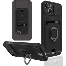 Resim Sphone Iphone 14 Plus Kılıf Kamera Sürgülü Korumalı Yüzüklü Standlı Kartvizitlik Loş Renkli Case 