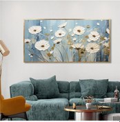 Resim Yağlı Boya Dokulu Tablo Mavi Fonda Beyaz Modern Çiçekler Altın Çerçeveli U02037-178891 