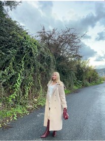 Resim Kadın Krem Düğmeli Kemerli Kaşe Kalın Kaban Krem 