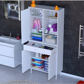 Resim Modilayn Afra 85x173x32,5 Cm 1 Çekmece 3 Kapak 5 Raf 8 Bölme Çok Amaçlı Banyo & Mutfak Dolabı Beyaz 