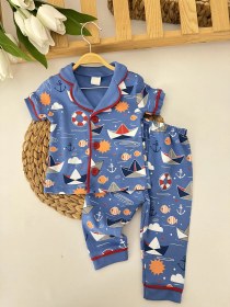 Resim Erkek Bebek Mavi Kayık Desenli Pijama Takımı 