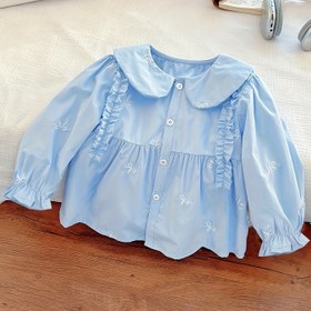 Resim Kız Çocukları İçin Açık Mavi Yaka Bluz - Puf Kollu Düğmeli Gömlek - Bahar ve Sonbahar İçin, Cadılar Bayramı ve Noel İçin Mükemmel, Esnek Olmayan Kumaş, Normal Beden, Şenlikli Gençler Kıyafeti | Yaka Bluz | Esnek Olmayan Kumaş, Gençler Bluzları 