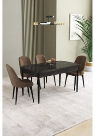 Resim Ikon Siyah Mermer Desen 80x132 Mdf Açılabilir Mutfak Masası Takımı 4 Adet Sandalye Kahverengi 