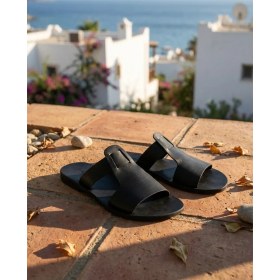 Resim Türkbükü Sandalet - Hakiki Deri El Yapımı Erkek Sandalet - Bodrum Deri Terlik Siyah 66K 