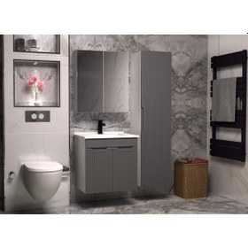 Resim Banyo Dolabı Aynalı Cnc İşlemeli Membran Kapaklı 65 Cm Antrasit 