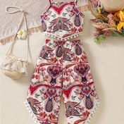 Resim Kızlar için Boho-Şık İlkbahar/Yaz Kıyafeti: Canlı Paisley & Çiçek Baskılı Kolsuz Cami Üst Pom-Pom Detaylı + Asimetrik Etek Pantolon - Plaj, Seyahat, Partiler için Mükemmel - Rahat Polyester, Makinede Yıkanabilir, Dış Mekanlar için Mükemmel 