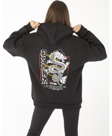 Resim Unisex Siyah Osaka Dragon Baskılı Kapşonlu Sweatshirt 