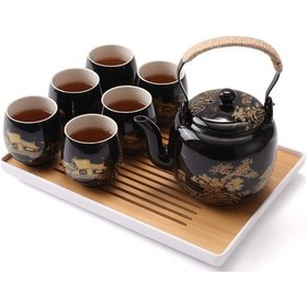 Resim Japon Çay Takımı, Siyah Porselen, Altın Renkli Kırsal Manzara Tasarımlı Set Çok Renkli 