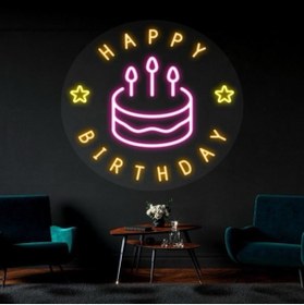 Resim BİZ BU İŞİN KEYİF KISMINDAYIZ Happy Birthday Yazılı Pasta Figürlü Neon Tabela 