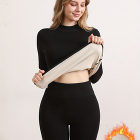 Resim Kadınların Sonbahar ve Kış İçin Düz Renkli Dar Kesim Termal İçlik Takımı, Uzun Kollu Yaka Detaylı Üst ve Pantolon 