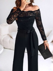 Resim Kadın Uzun Kollu Madonna Yaka Dantelli Yandan Bağlamalı Ithal Krep Tulum - Siyah / L-XL 
