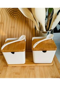 Resim Qerhome 2'li Bambu Standlı Bambu Kapaklı Porselen Kaşıklı Tuzluk Biberlik 260 Ml Gnl Ahşap 