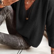 Resim Kadın V-Yaka Kazak - Zarif Bol Kesim Uzun Kollu Kazak, Şık Kazak Sonbahar/Kış, Ofis, Parti, Günlük Kıyafetler - Minimalist Kadın Kazak, Nötr Renkler, Sevimli Kazaklar, Ofis Kıyafetleri, Kabartmalı Detaylar, Rahat Giyim 