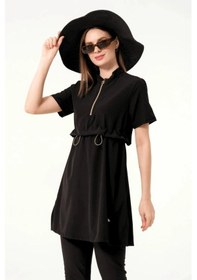 Resim Tesmay 3410 Siyah Sporlycra Üstlü Hızla Kuruyan Kısa Kollu Yarı Tesettür Havuz Mayo Siyah 