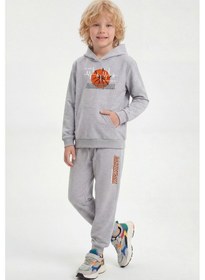 Resim Fyk Kids Kanguru Cepli Kapüşonlu Basketbol Baskı Detaylı Erkek Çocuk Eşofman Takımı Gri 