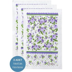 Resim 3lü Paket Baskılı Beyaz Mutfak Havlusu Modeli Lila Güller 