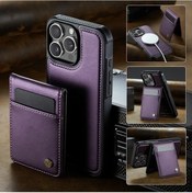 Resim Sunshine022 iPhone Uyumlu 15 Mor Kablosuz Şarj Kapaklı Ayaklı Manyetik Kartlık 