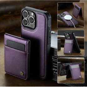 Resim Sunshine022 iPhone Uyumlu 15 Mor Kablosuz Şarj Kapaklı Ayaklı Manyetik Kartlık 